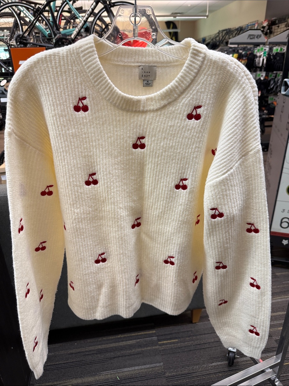 A New Day Cream Crewneck Sweater with Red Cherry Embroidery, Size Medium